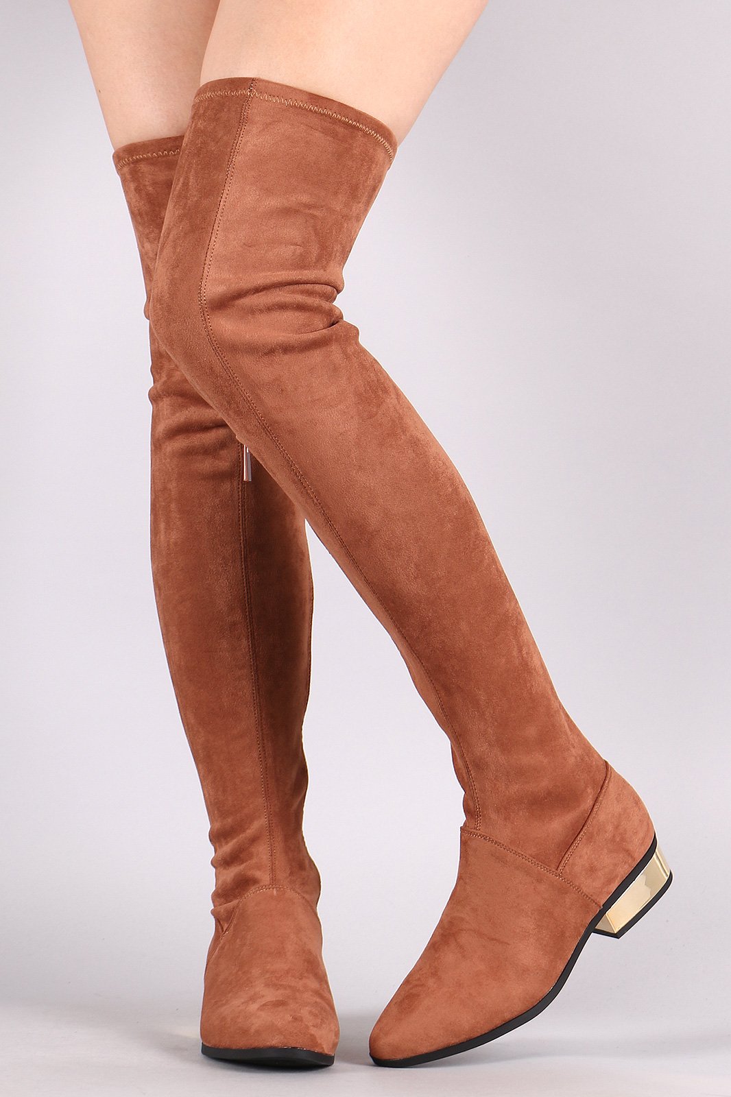 Bamboo Suede Almond Toe Metallic Block Heeled OTK Boots