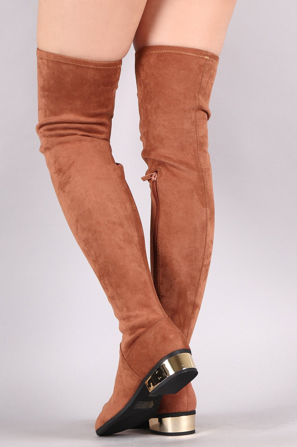 Bamboo Suede Almond Toe Metallic Block Heeled OTK Boots