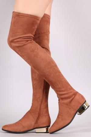 Bamboo Suede Almond Toe Metallic Block Heeled OTK Boots
