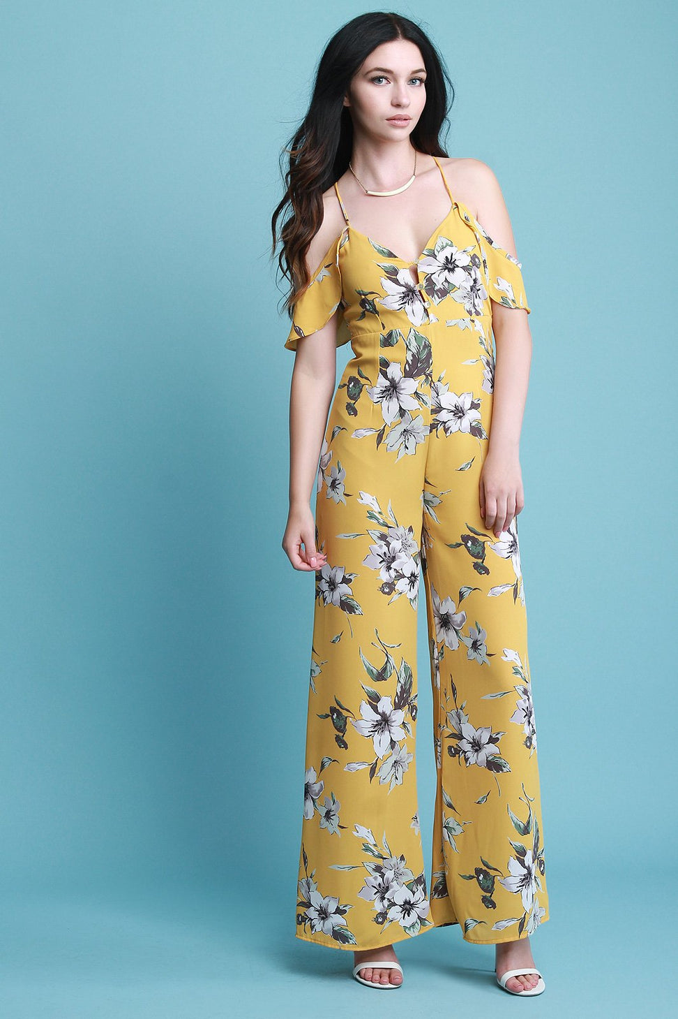 Cold Shoulder Ruffle Wide Leg Floral Jumpsuit