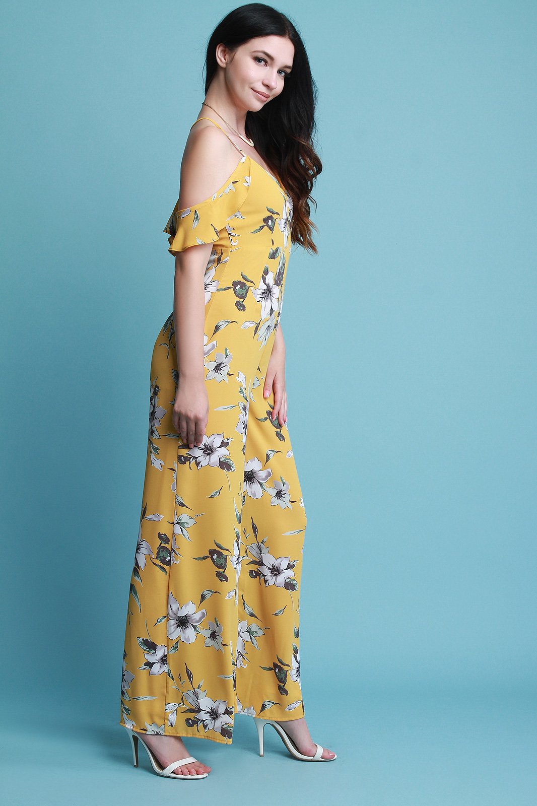 Cold Shoulder Ruffle Wide Leg Floral Jumpsuit