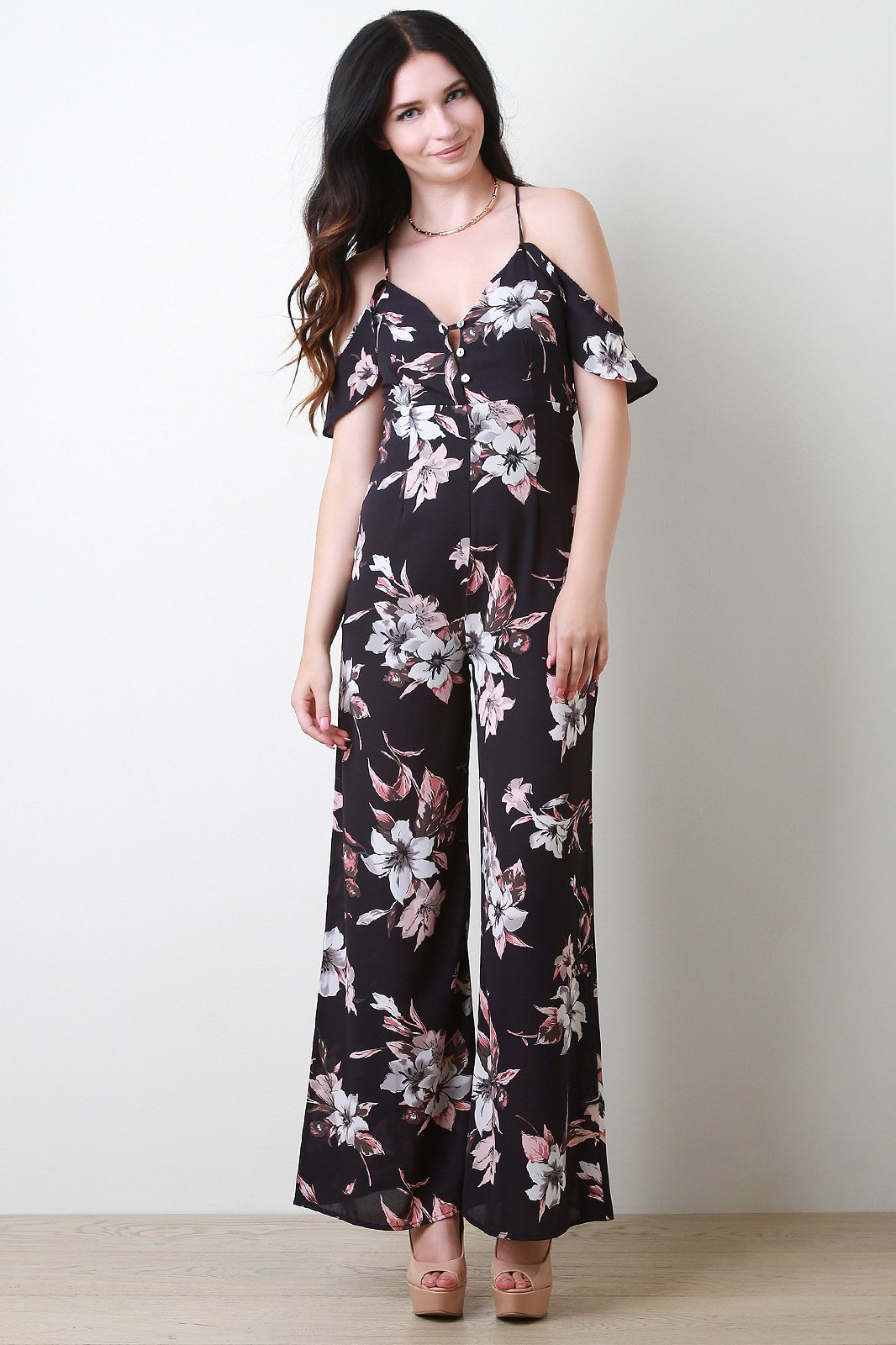 Cold Shoulder Ruffle Wide Leg Floral Jumpsuit