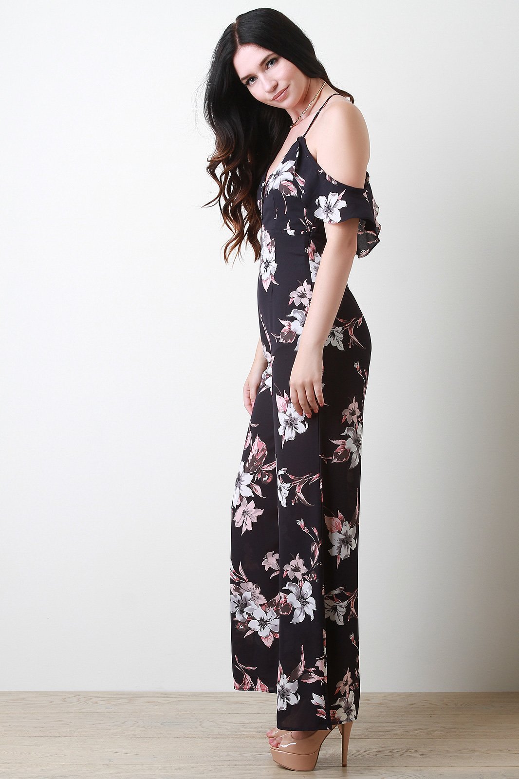Cold Shoulder Ruffle Wide Leg Floral Jumpsuit
