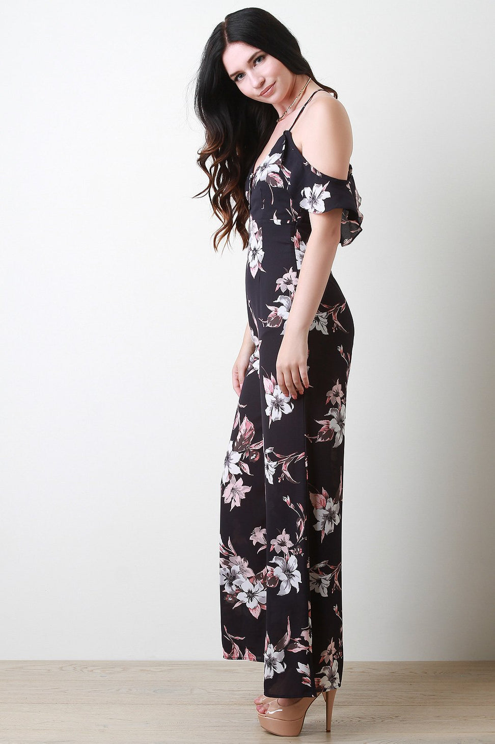Cold Shoulder Ruffle Wide Leg Floral Jumpsuit