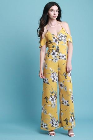 Cold Shoulder Ruffle Wide Leg Floral Jumpsuit