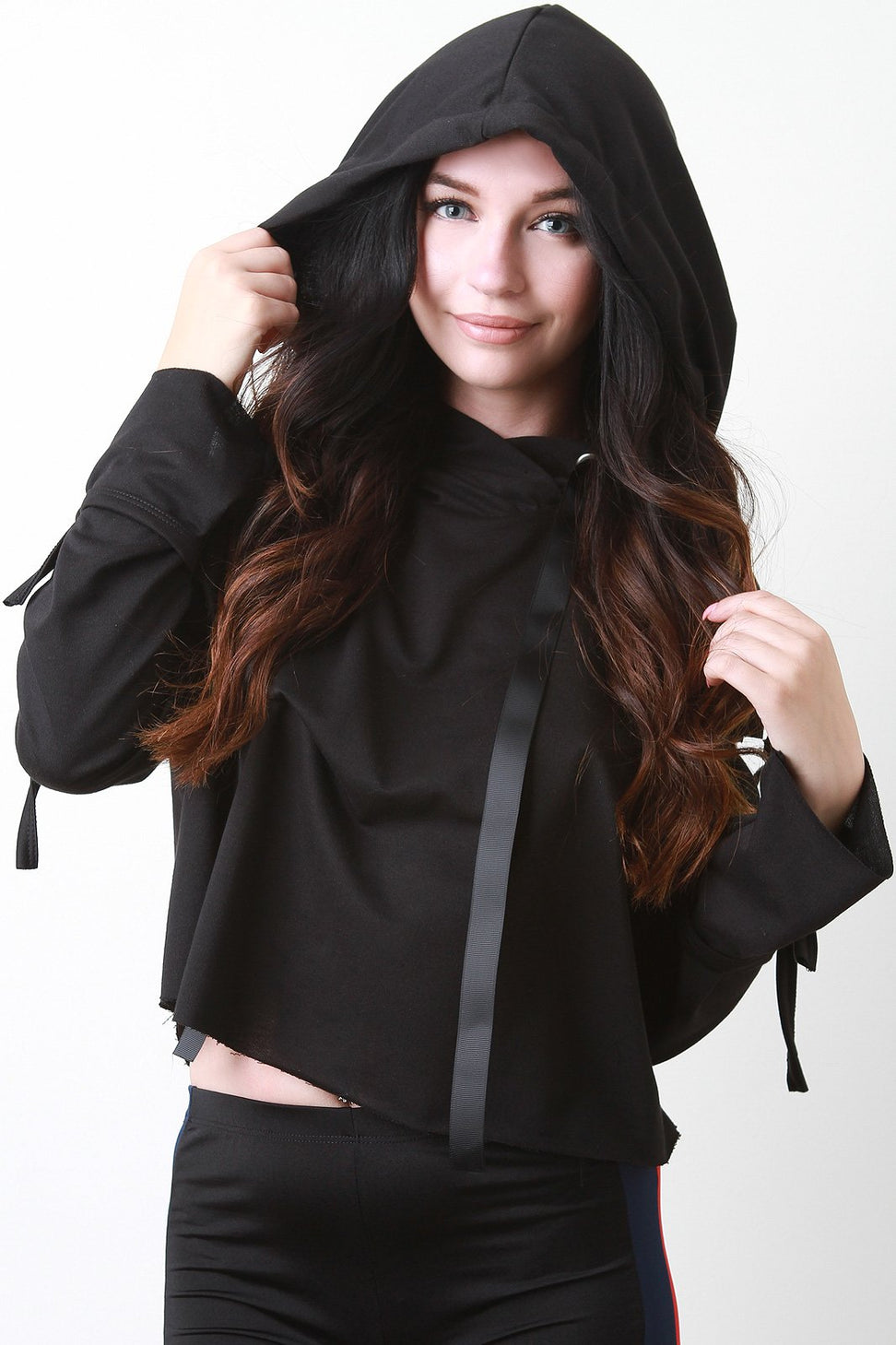 Clasp Strap Long Sleeve Cut Out Raw Boxy Hoodie