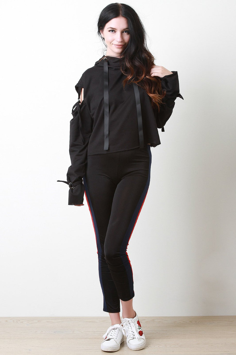 Clasp Strap Long Sleeve Cut Out Raw Boxy Hoodie