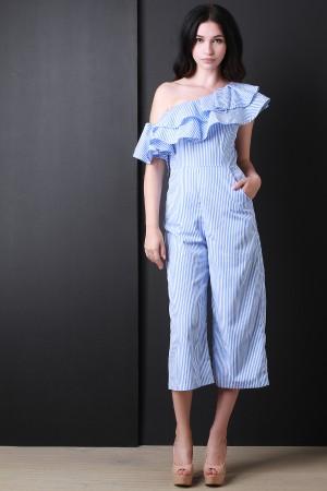 Stripe Single Shoulder Ruffle Capri Jumpsuit