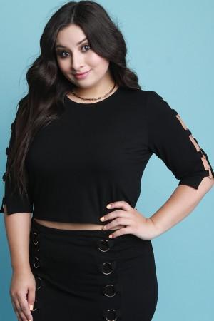 Ring Embellished Elbow Sleeves Crop Top