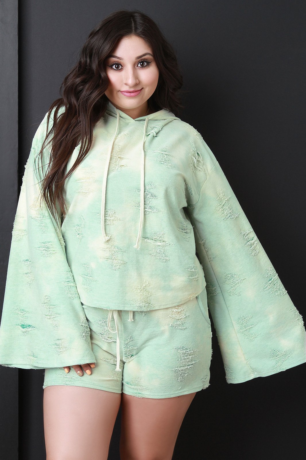 Distressed French Terry Bell Sleeve Hoodie - NoveltyOne