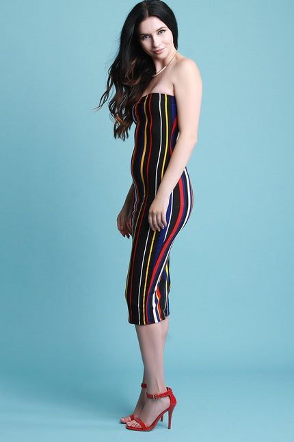 Multi Color Vertical Striped Tube Midi Dress - NoveltyOne