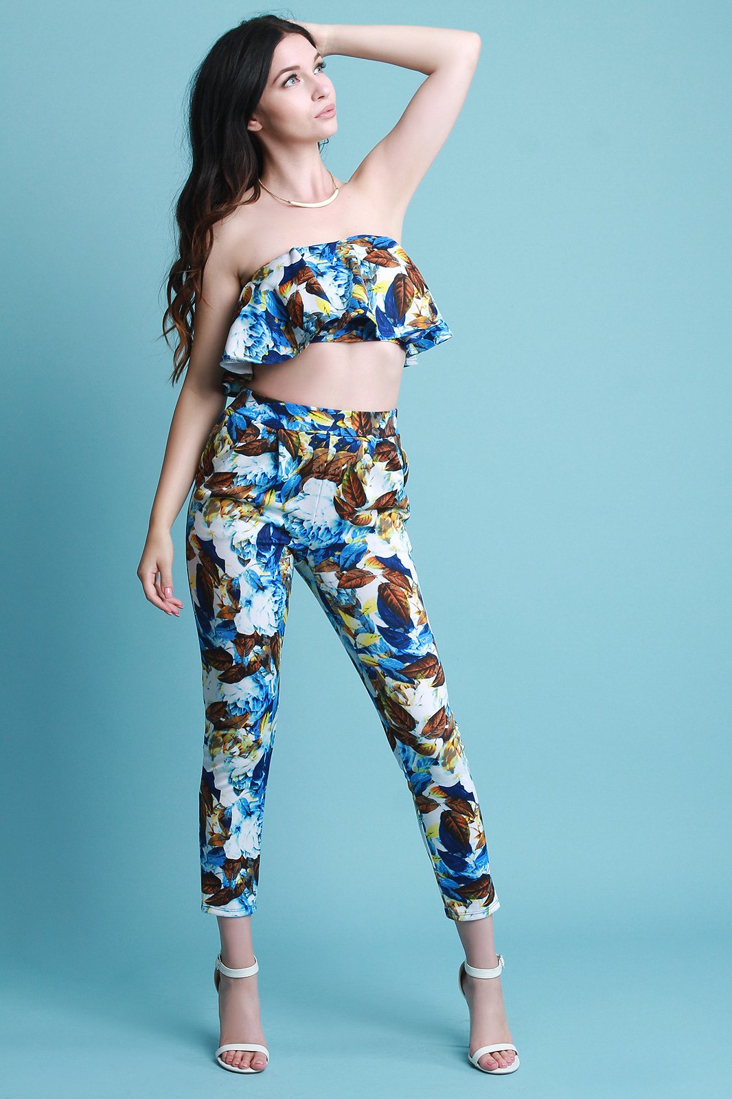 Floral Flutter Bardot Crop Top With High Waisted Pants Set - NoveltyOne