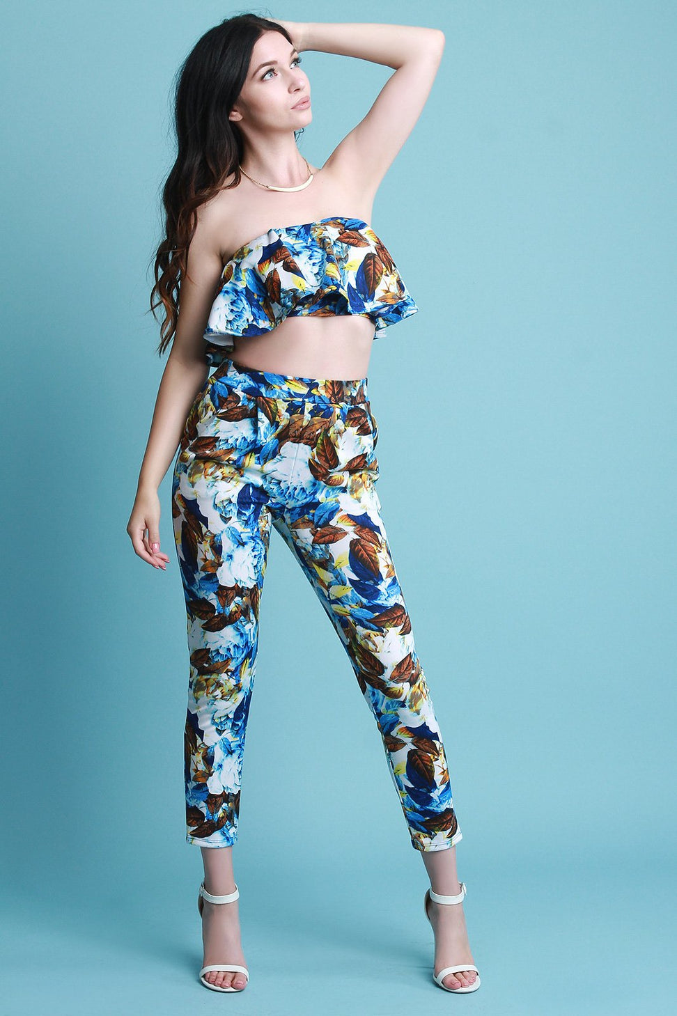 Floral Flutter Bardot Crop Top With High Waisted Pants Set - NoveltyOne