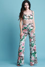 Tropical Floral Cutout Crop Top With Wide Leg Pants Set