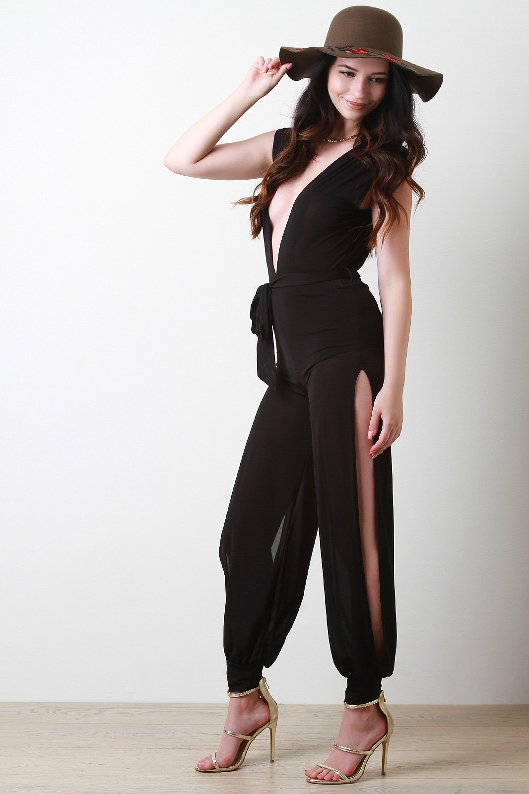 Plunging Neck Waist Sash Mesh Slit Legs Jumpsuit