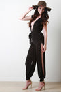 Plunging Neck Waist Sash Mesh Slit Legs Jumpsuit