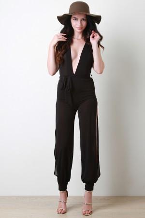 Plunging Neck Waist Sash Mesh Slit Legs Jumpsuit