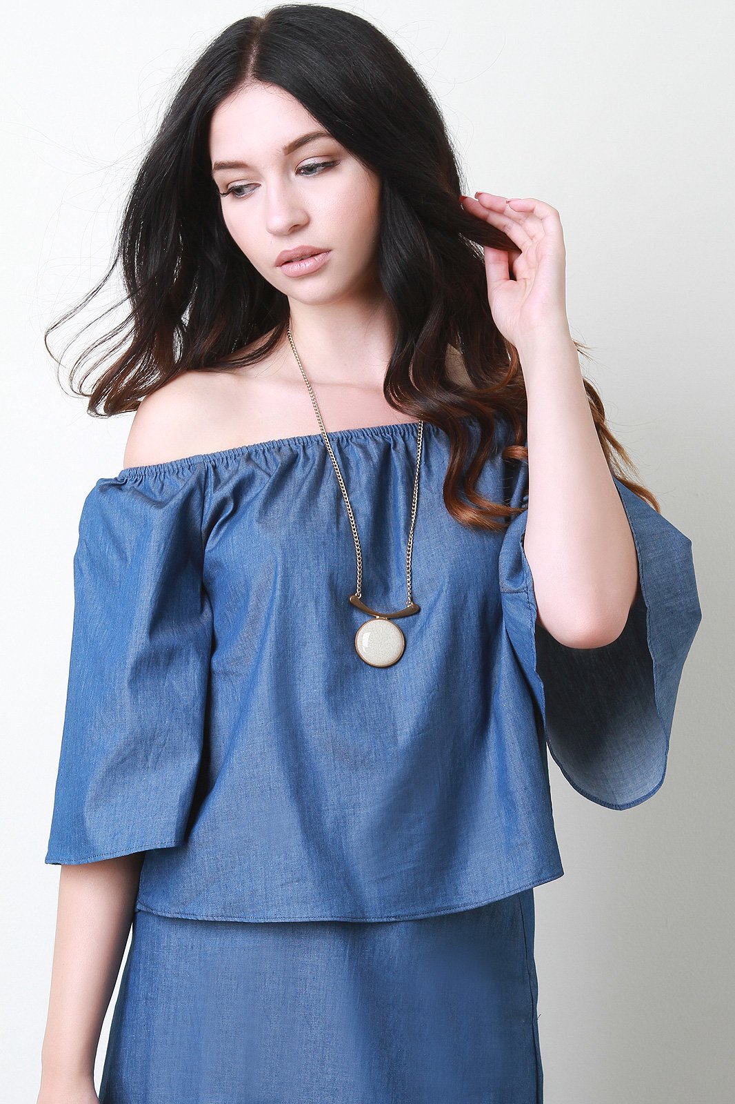 Chambray Off The Shoulder Wide Statement Sleeve Top