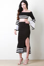 Striped Bardot Statement Sleeve Top With Slit Skirt Set