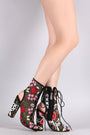 Liliana Floral Embroidery Mesh Lace Up Chunky Heeled Booties