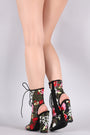 Liliana Floral Embroidery Mesh Lace Up Chunky Heeled Booties