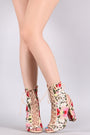Liliana Floral Embroidery Mesh Lace Up Chunky Heeled Booties
