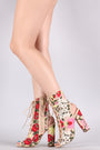 Liliana Floral Embroidery Mesh Lace Up Chunky Heeled Booties