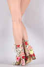 Liliana Floral Embroidery Mesh Lace Up Chunky Heeled Booties