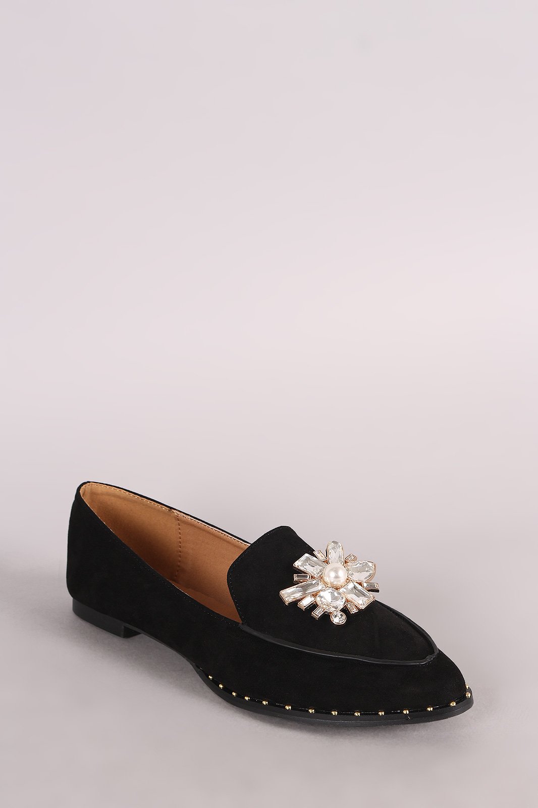 Qupid Jewel Embellished Suede Loafer Flat