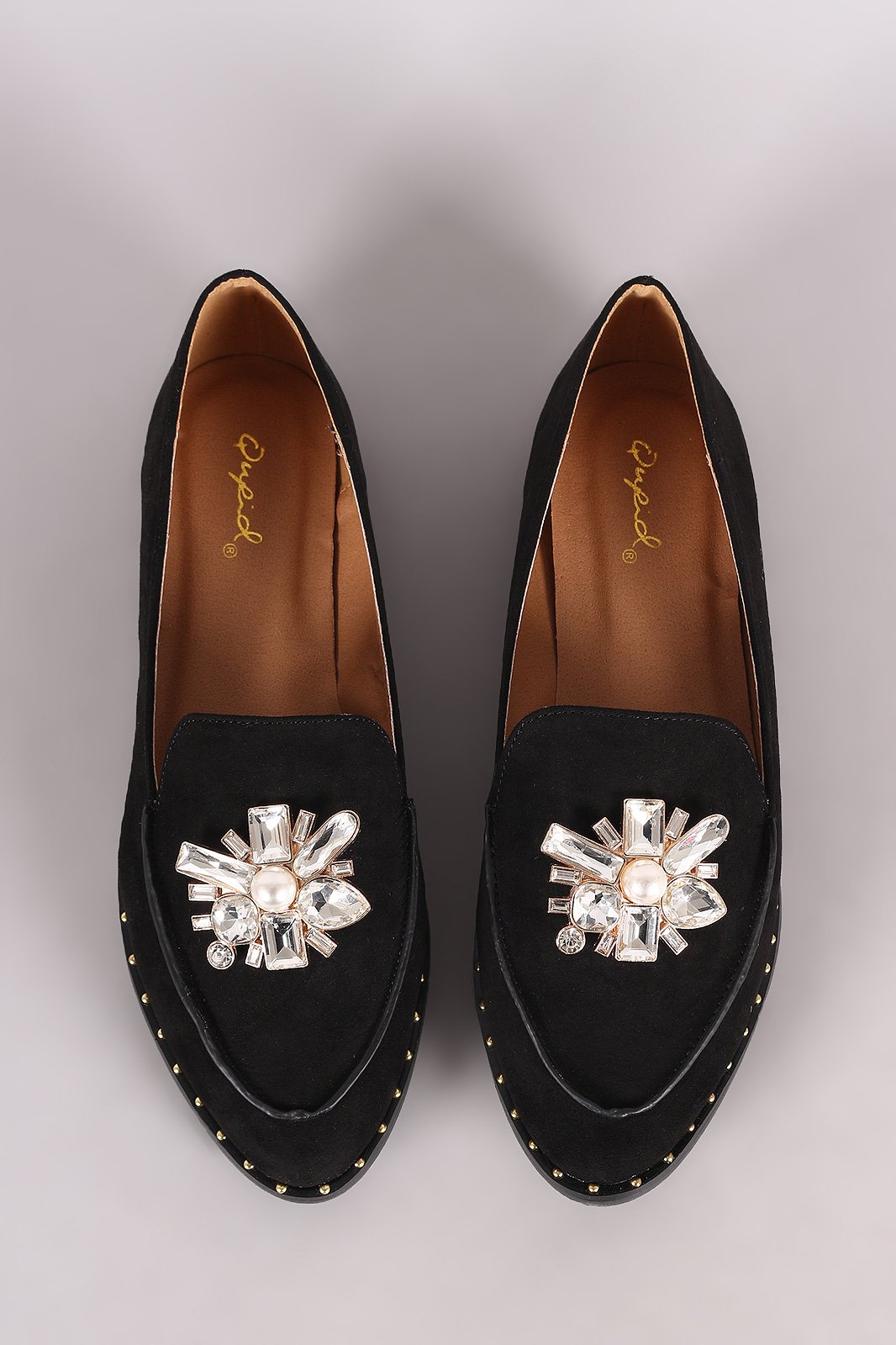 Qupid Jewel Embellished Suede Loafer Flat