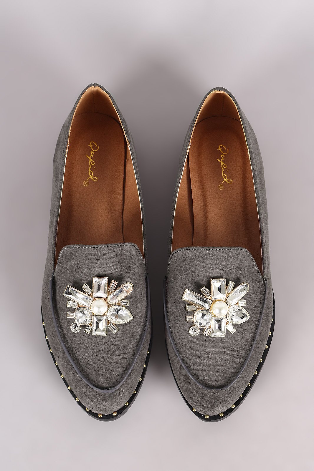 Qupid Jewel Embellished Suede Loafer Flat