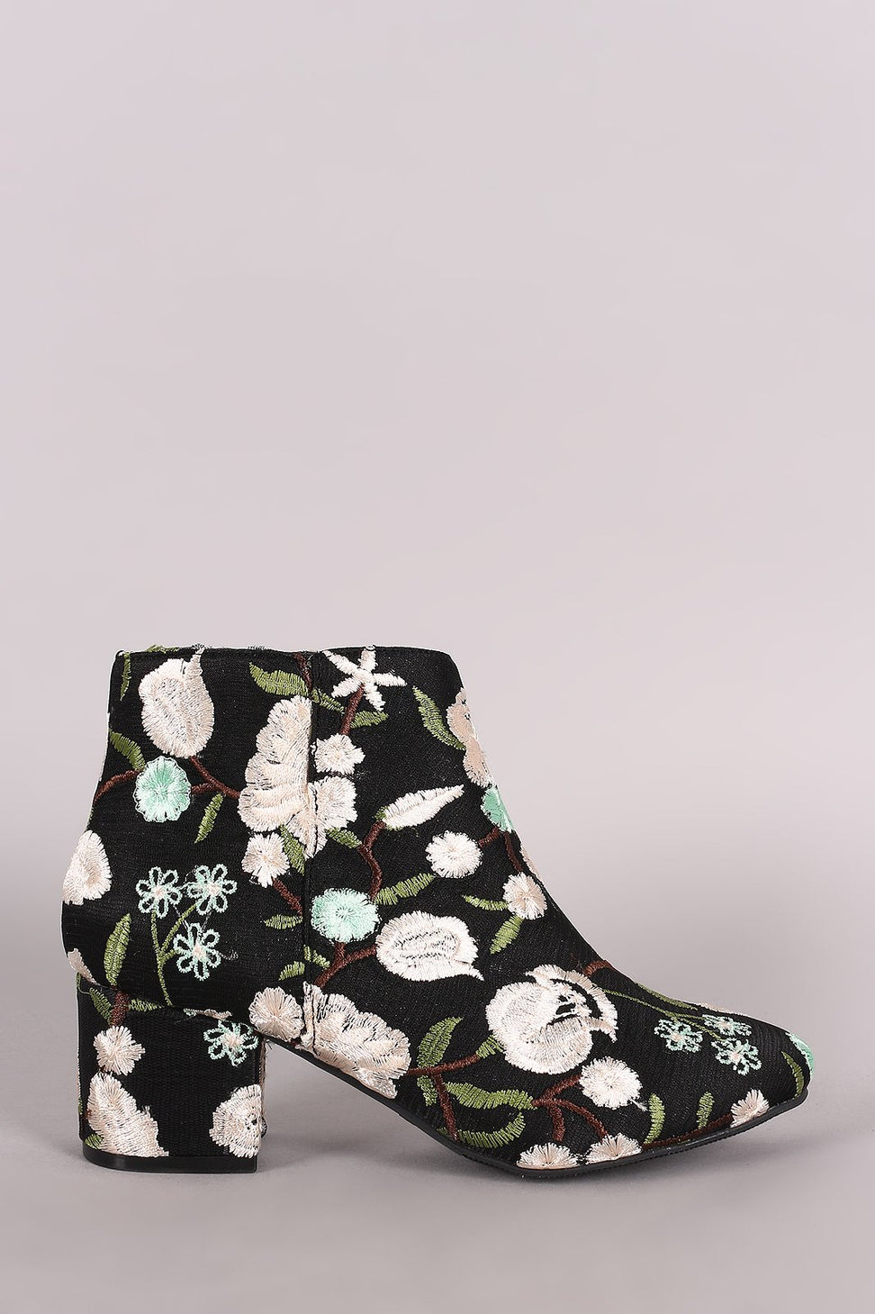 Qupid Embroidered Floral Block Heeled Booties