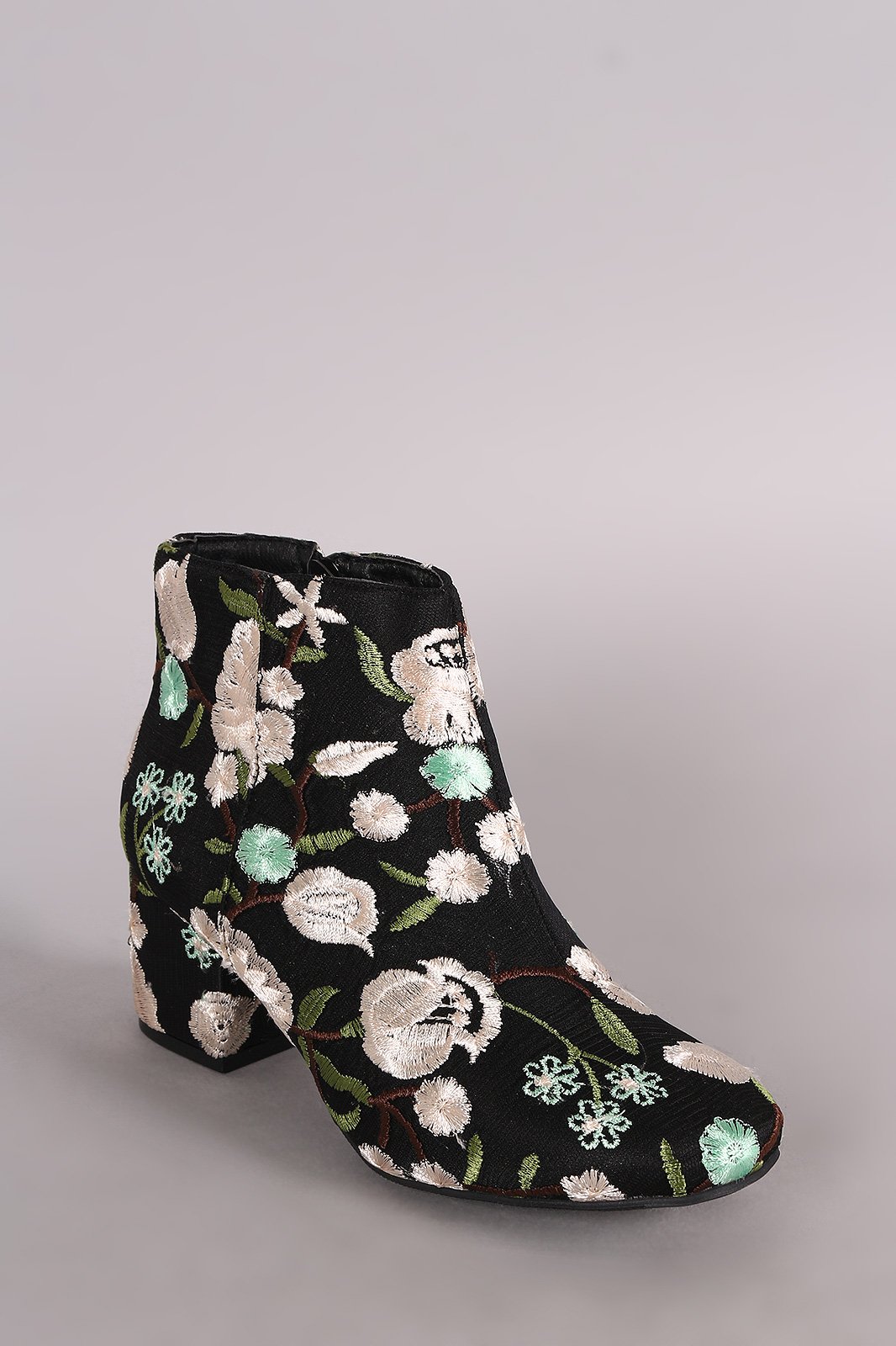Qupid Embroidered Floral Block Heeled Booties