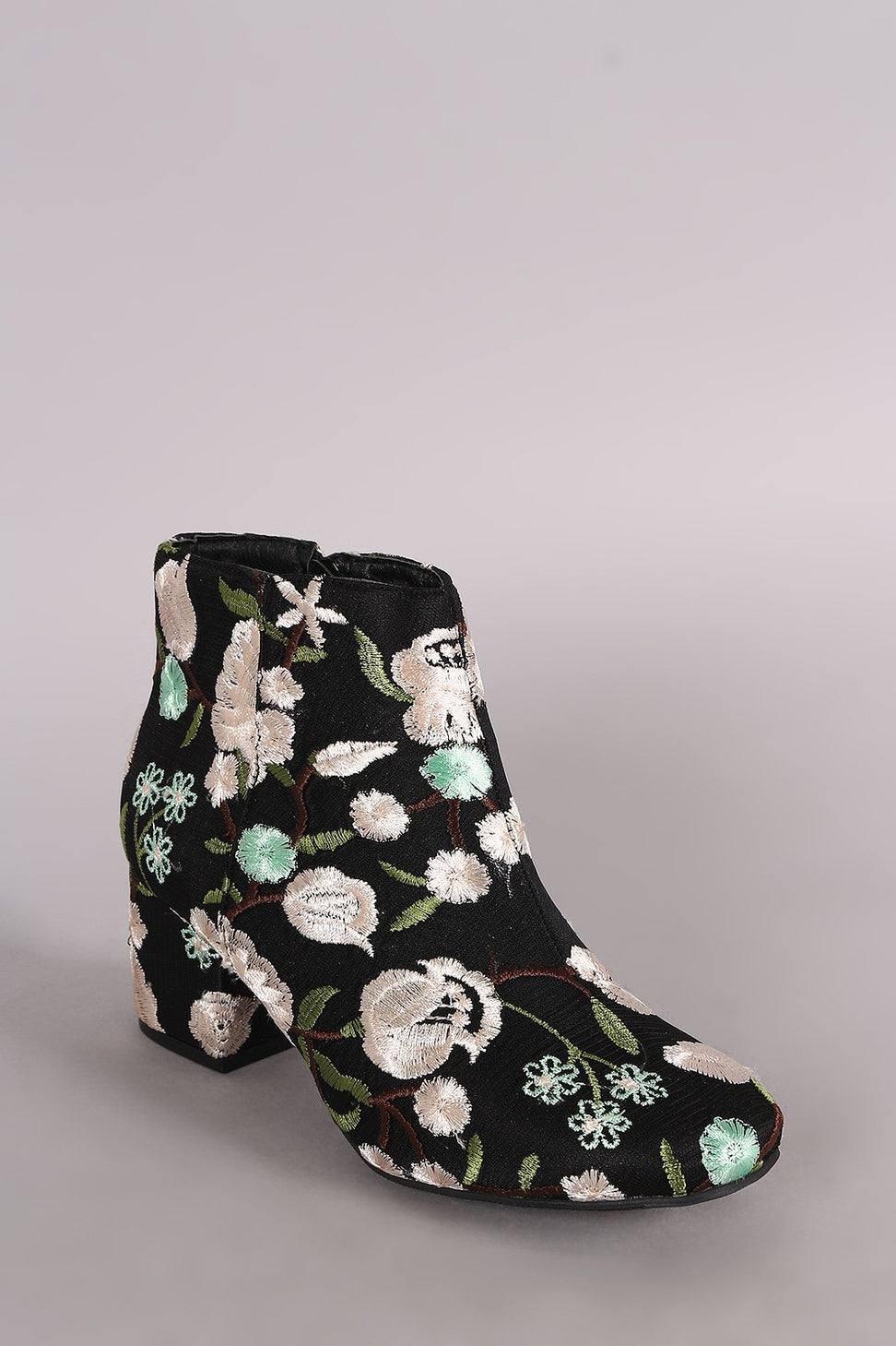 Qupid Embroidered Floral Block Heeled Booties