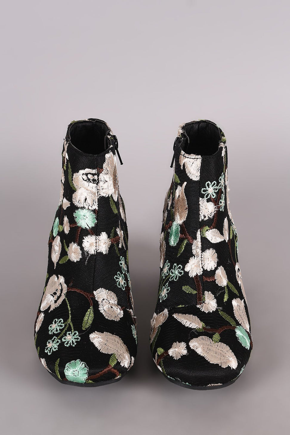 Qupid Embroidered Floral Block Heeled Booties