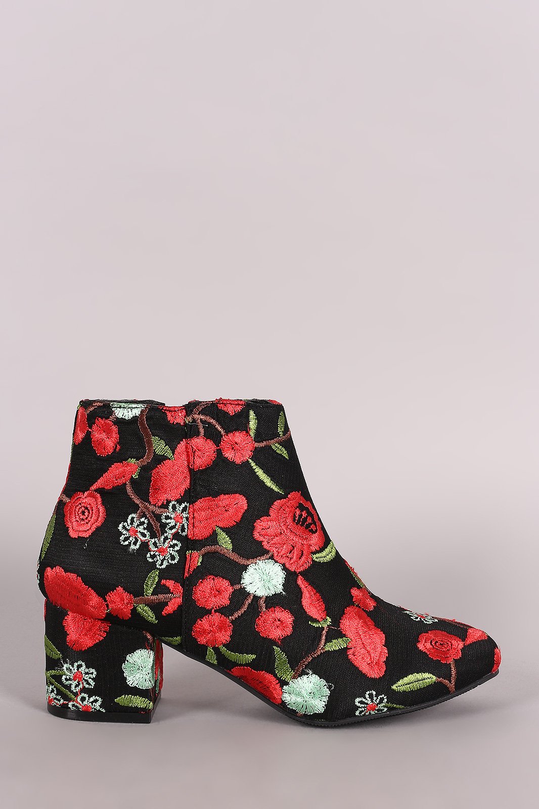 Qupid Embroidered Floral Block Heeled Booties