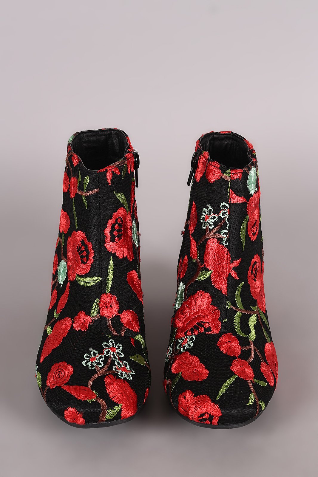 Qupid Embroidered Floral Block Heeled Booties