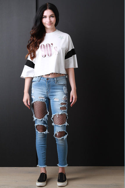 Mid Rise Fishnet Cut Out Denim Jeans