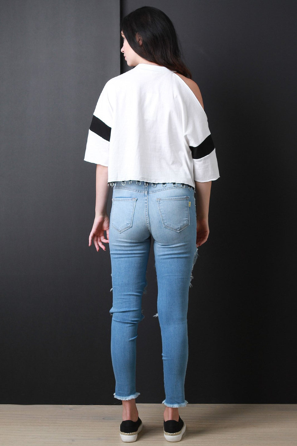 Mid Rise Fishnet Cut Out Denim Jeans