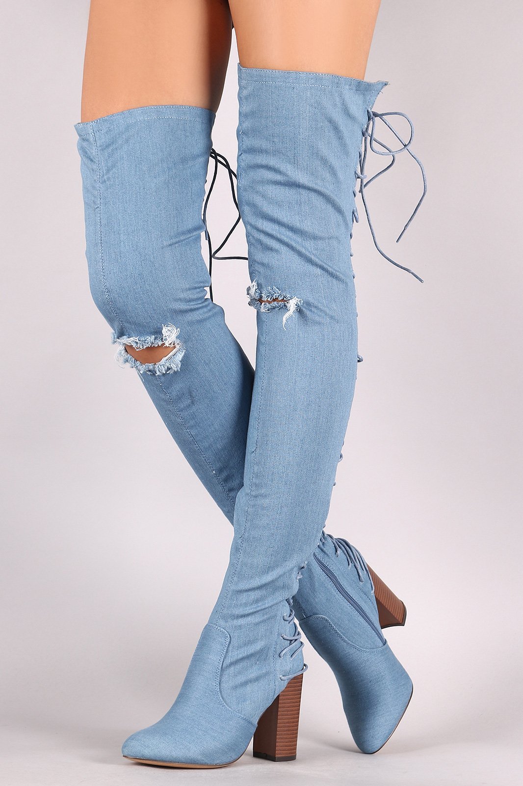 Denim Slit Knee Back Corset Chunky Heeled Over-The-Knee Boots - NoveltyOne