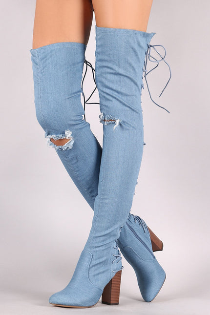 Denim Slit Knee Back Corset Chunky Heeled Over-The-Knee Boots - NoveltyOne