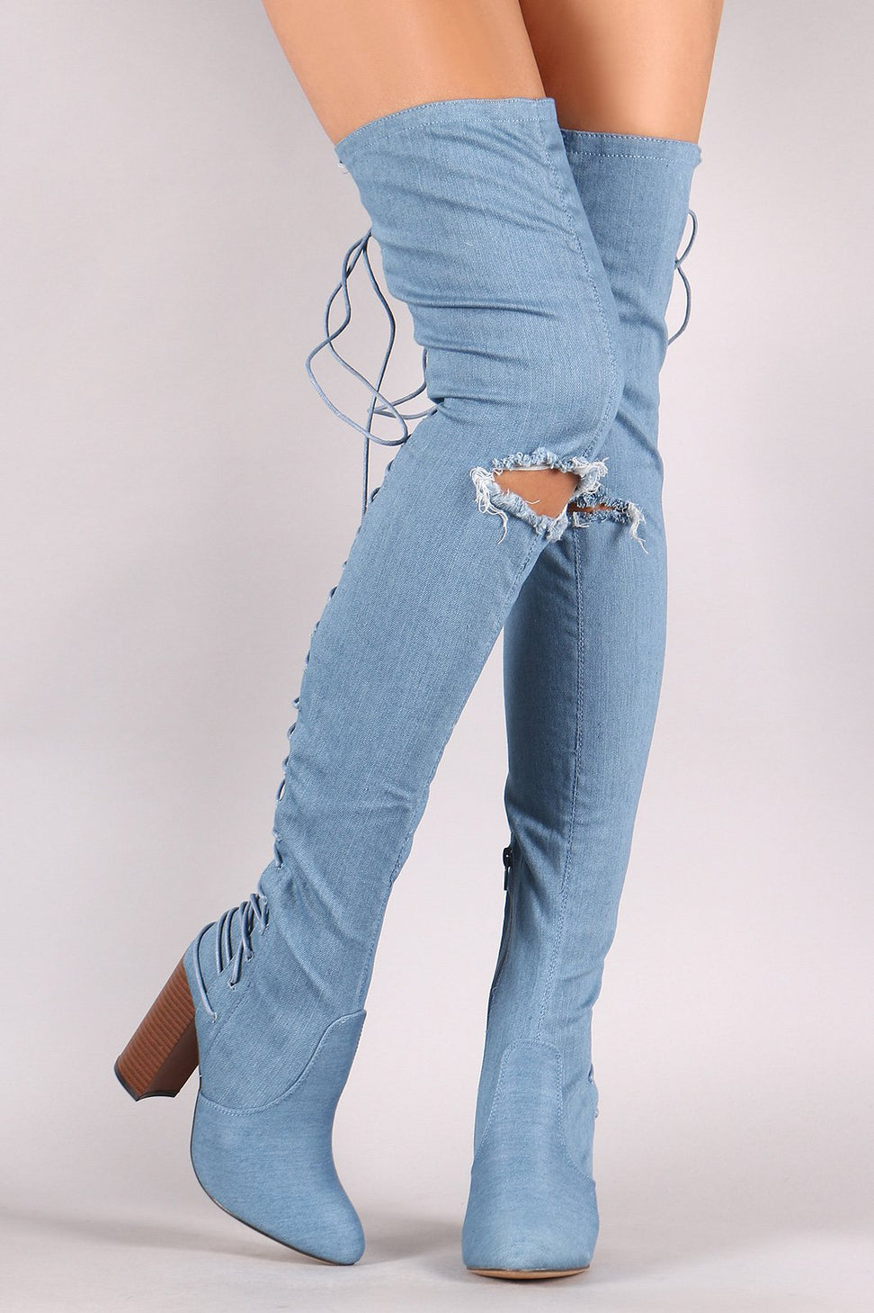 Denim Slit Knee Back Corset Chunky Heeled Over-The-Knee Boots - NoveltyOne