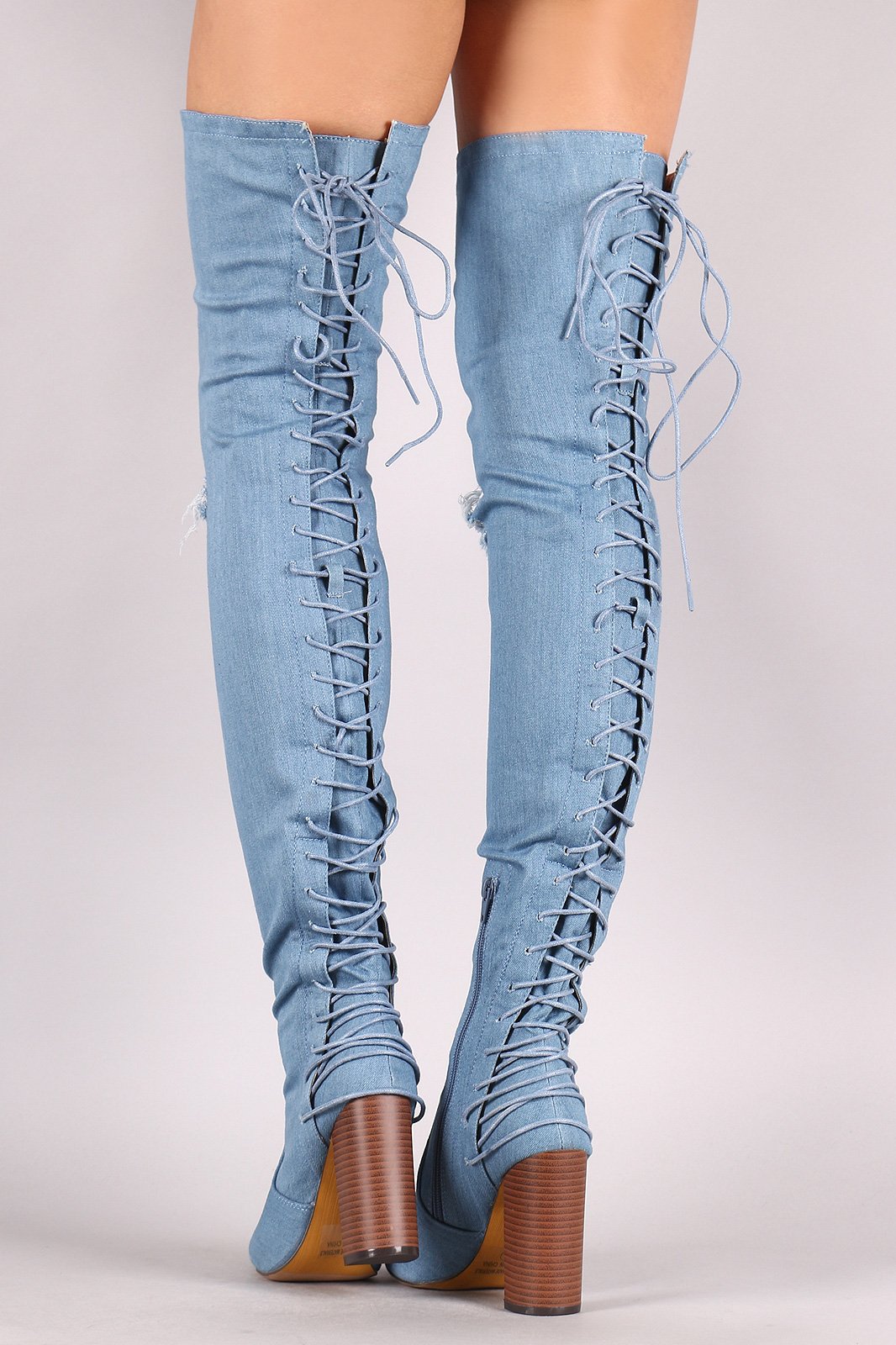 Denim Slit Knee Back Corset Chunky Heeled Over-The-Knee Boots - NoveltyOne