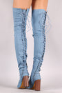 Denim Slit Knee Back Corset Chunky Heeled Over-The-Knee Boots - NoveltyOne