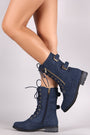 Denim Buckle And Zipper Accent Combat Lace Up Boots