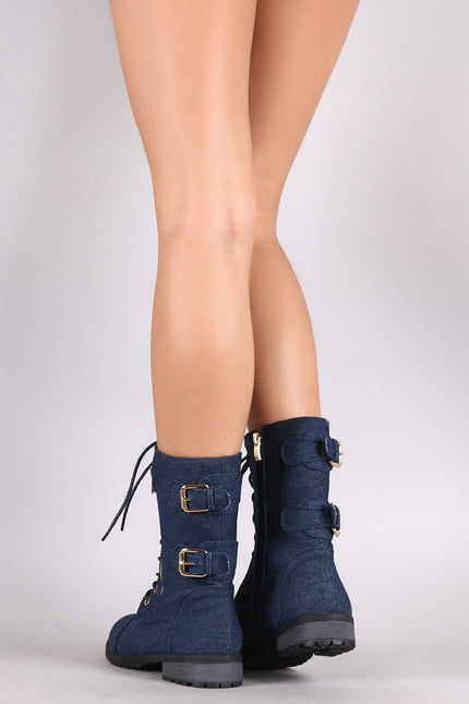 Denim Buckle And Zipper Accent Combat Lace Up Boots