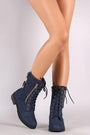 Denim Buckle And Zipper Accent Combat Lace Up Boots