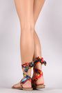 Printed Satin Leg Wrapped Thong Flat Sandal