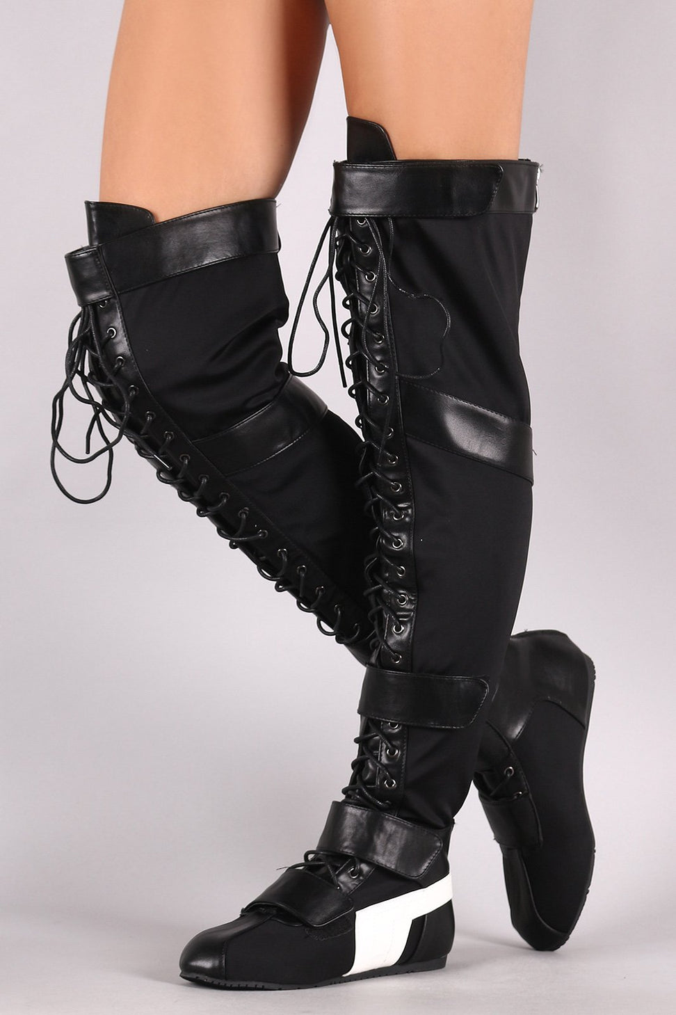 Striped Lace Up Strappy Over-The-Knee Flat Boots