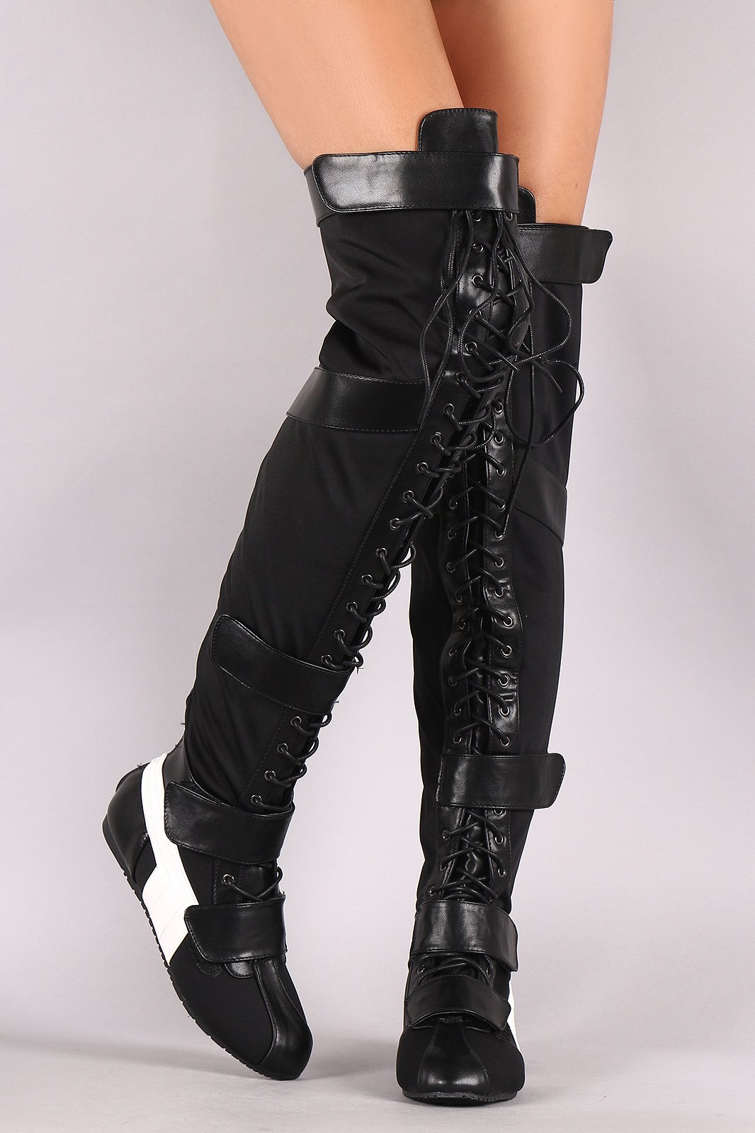 Striped Lace Up Strappy Over-The-Knee Flat Boots